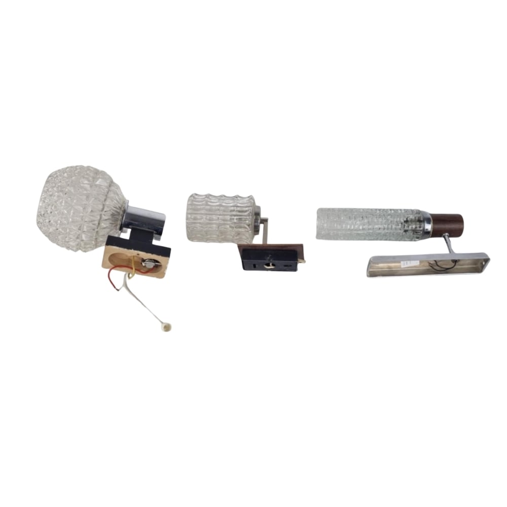 (3) VINTAGE GLASS SCONCES: Dimensions: H 9” x W 6.5” x H 8” x W 5.7” x H 10.7” x W 5”. Vintage Scandinavian set of 3 different shape sconces with glass shades.