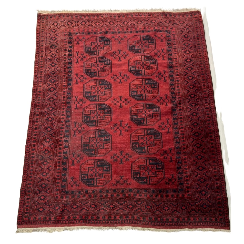 HAND-KNOTTED ART DECO AFGHAN RUG: Dimensions: H 9’4” x W 6’9 ½.