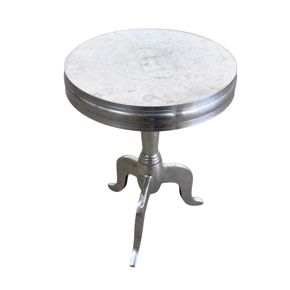 CAST ALUMINUM TRIPOD STOOL: Dimensions: H 18.3” x W 11.5”. Polished cast aluminum round space age side table or stool.