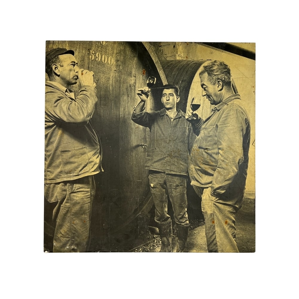 LARGE VINTAGE FRENCH B&W WINERY POSTER: Dimensions: H 31.5” x W 31.5”. Vintage black and white French Winery poster on wooden frame. From Provance, South France.