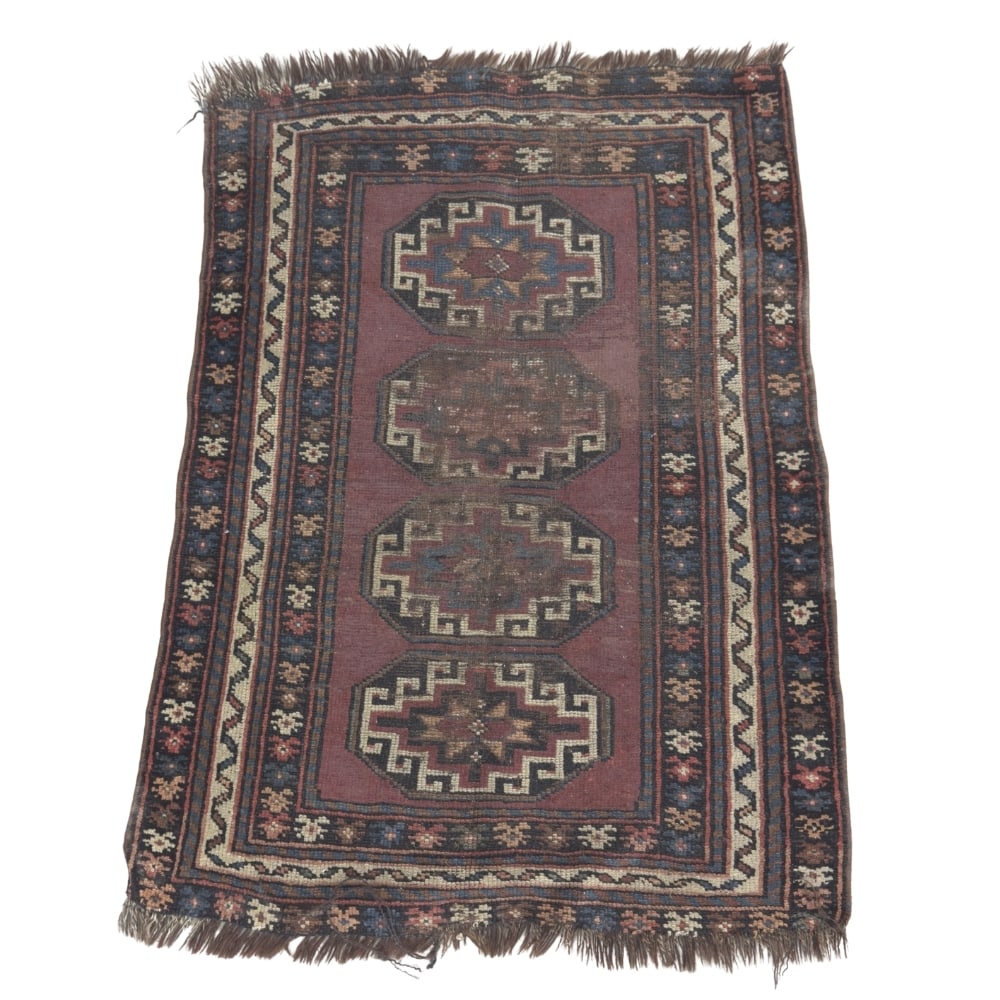 ANTIQUE KAZAK MOUGHAN RUG: Dimensions: H 46” x W 32”. Hand-knotted wool Kazak rug, 19c.