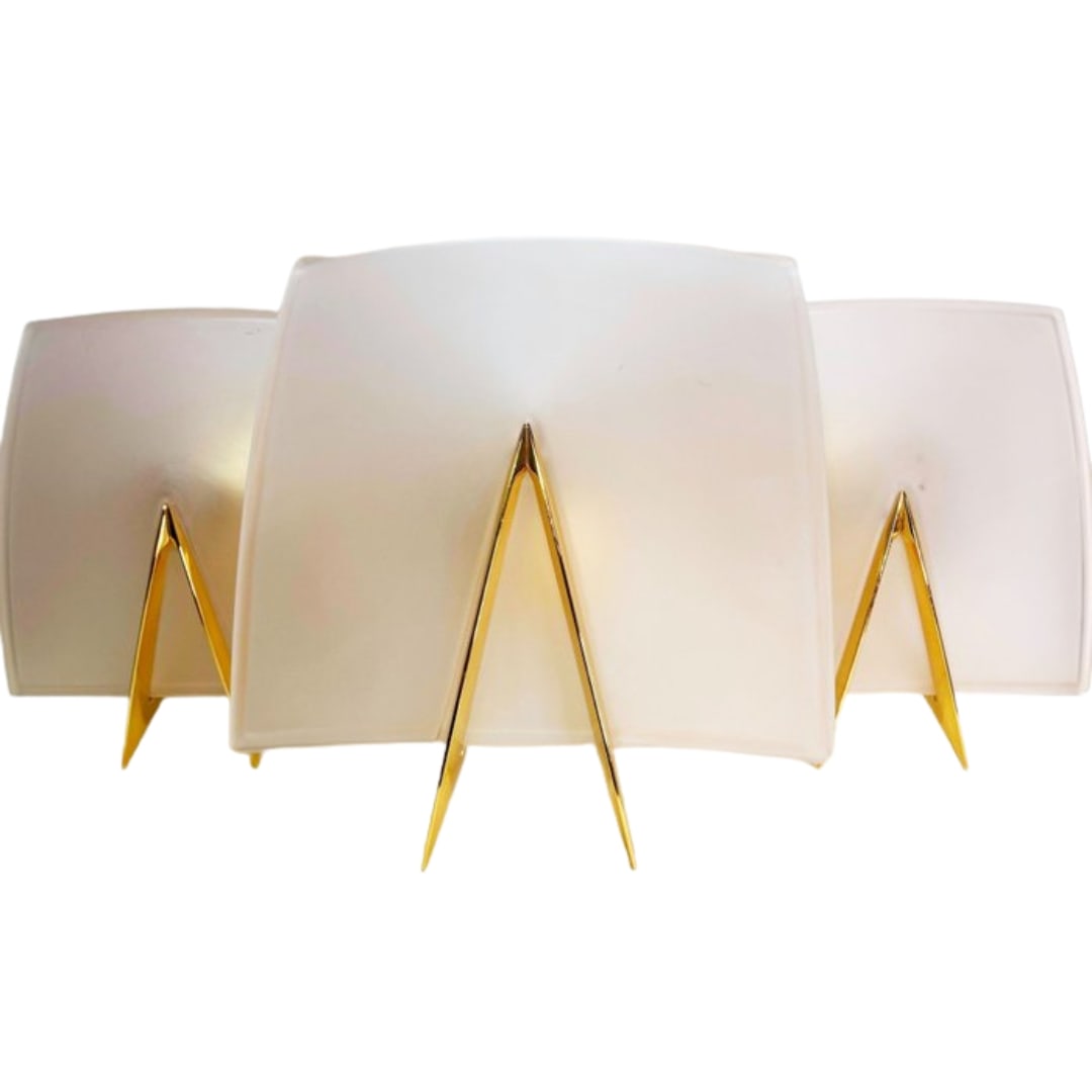 (3) P. BISTACCHI & L. STANO FOR TRE CI LUCE WALL LAMPS: Dimensions: H 13.5” x W 15.7” x D 5.5”. Set of 3 P. Bistacchi & L. Stano for Tre Ci Luce wall lamps, model “Wing”, made of frosted glass and gold-tonet metal, from the 1980s.