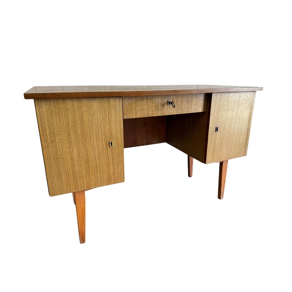 VINTAGE DUTCH DESK: Dimensions: H 29.7” x W 47.3” x D 21.3”. Vintage Dutch desk with one small central drawer and two big on both size.