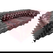 CHESTERFIELD 3-SEATER LEATHER SOFA: Dimensions: H 28” x W 78” x D 34” x SH 17.5”. Vintage Chesterfield burgundy leather three-seater sofa with loose padded cushions.