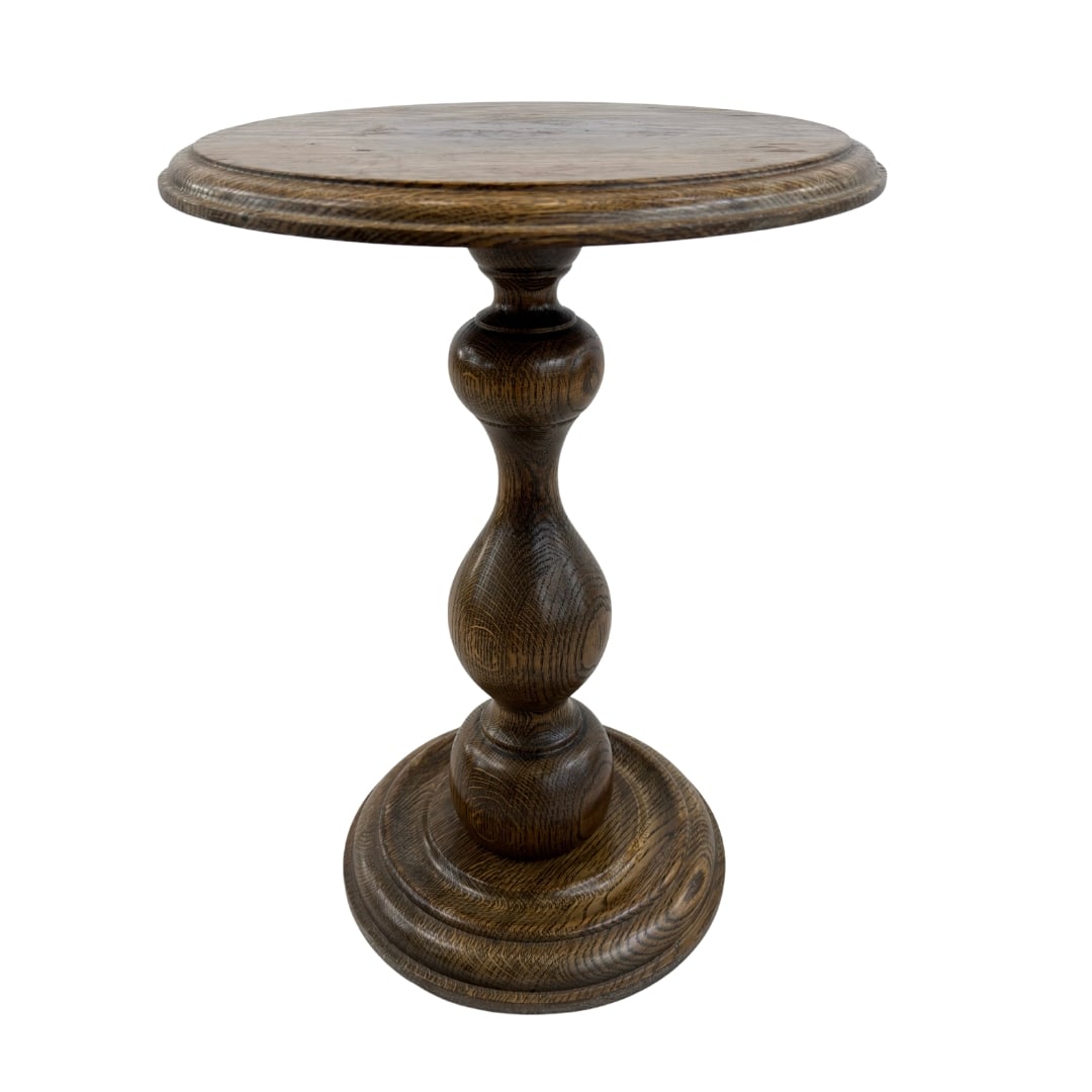 DUTCH OAK SIDE TABLE: Dimensions: H 21.7” x W 15”. Vintage Dutch oak coffee or side pedestal table.