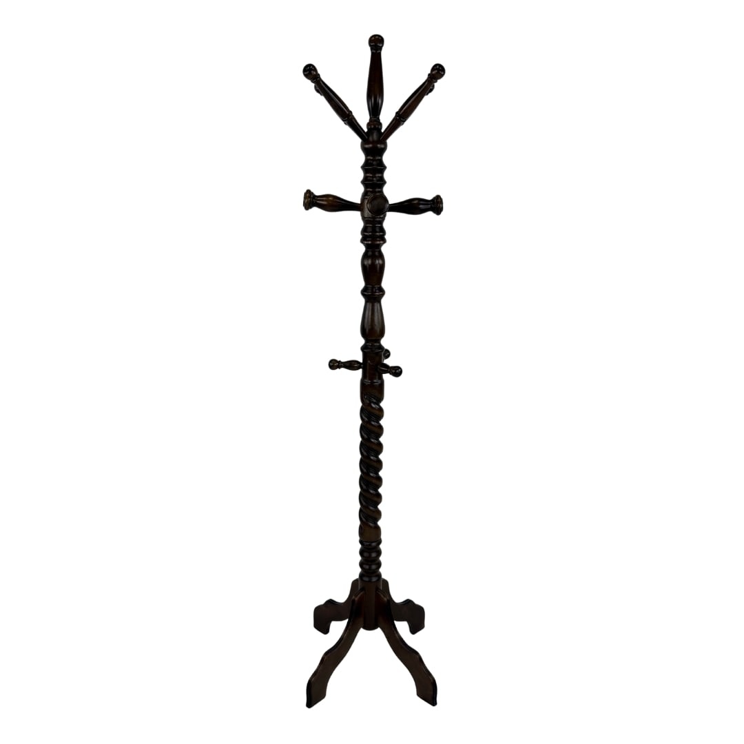 FRENCH COAT RACK: Dimensions: H 71.5” x W 20.7”. French Barley Twist dark wood standing coat rack.