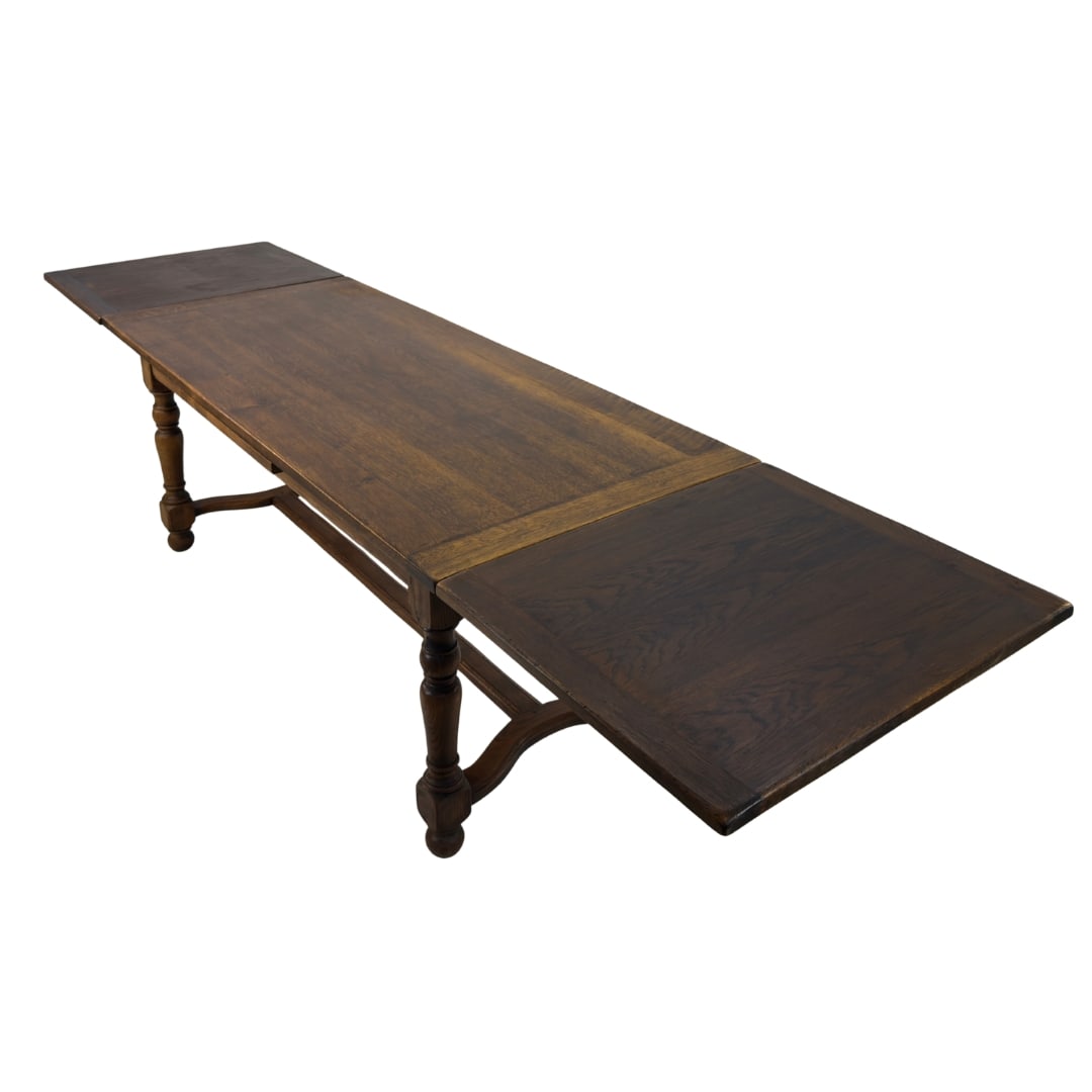 FARMHOUSE EXTENDABLE DINING TABLE: Dimensions: H 30.7” x W 79” x D 33.5”. Vintage French Farmhouse extendable dining table with four turned legs with stretcher. Extendable table - W 106.5"- 134".