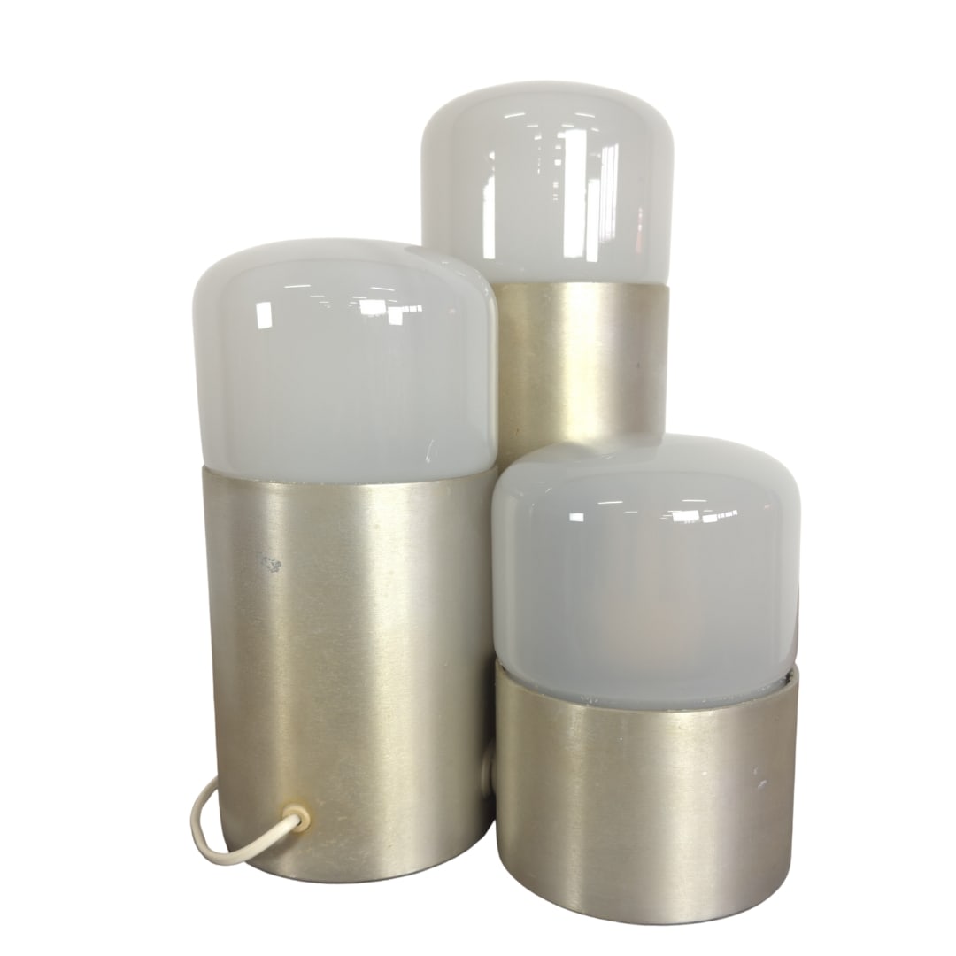 GOFFREDO REGGIANI TABLE LAMP: Dimensions: H 11.8". Rare Space Age Italian table lamp by Goffredo Reggiani. Brushed metal three bases and opaline glass shades. Dimension approx.