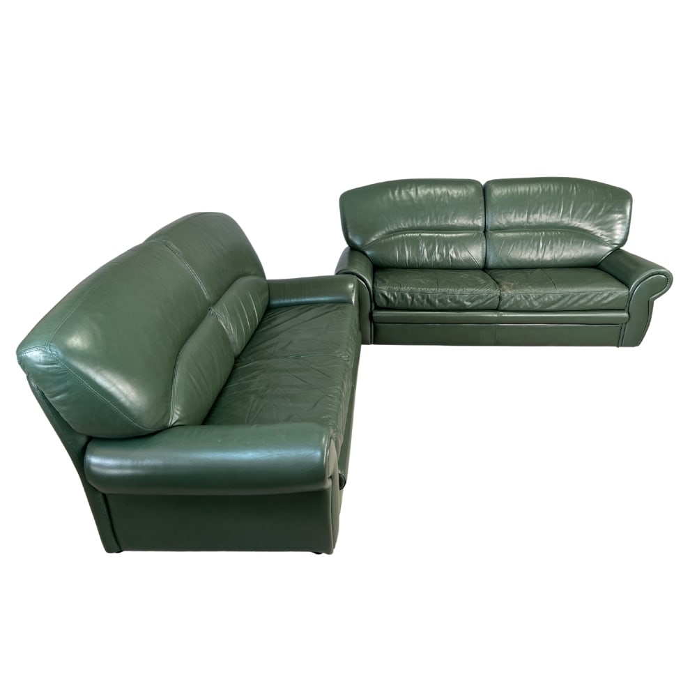 (2) VINTAGE DUTCH GREEN LEATHER SOFAS: Dimensions: H 33.5" x W 82" x D 34.5". Pair of Dutch Vintage green leather two-seat sofas with different width. Dimensions (second sofa) H 33.5" x W 70" x D 34.5".