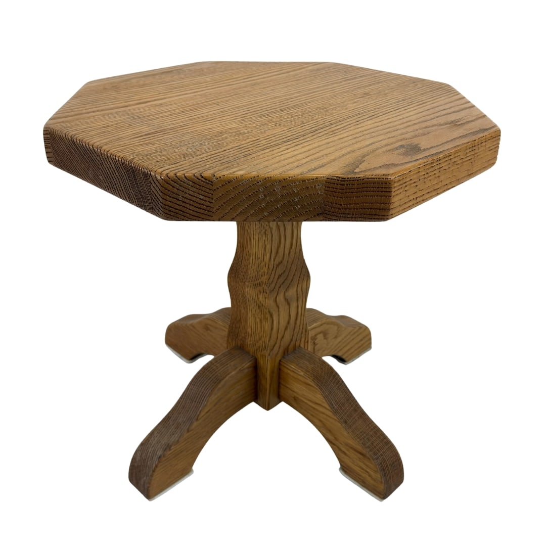 FRENCH OCTAGONAL SIDE TABLE: Dimensions: H 18” x W18.3”. Vintage French oak octagonal side or coffee pedestal table.
