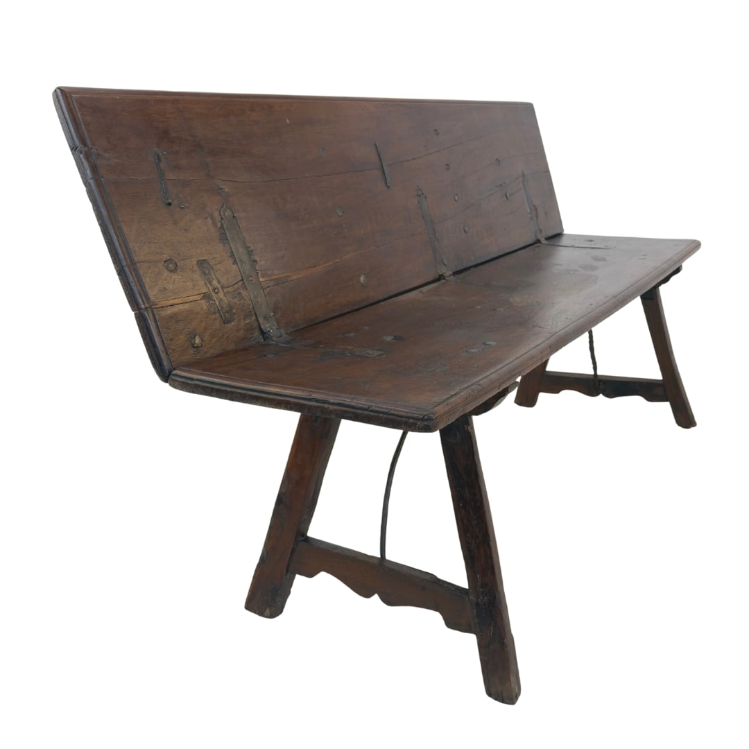 ANTIQUE ADJUSTABLE BENCH: Dimensions: H 35.5” x W 66” x D 16.5” x SH 20”. Antique solid oak hallway bench with folding backrest. 18c