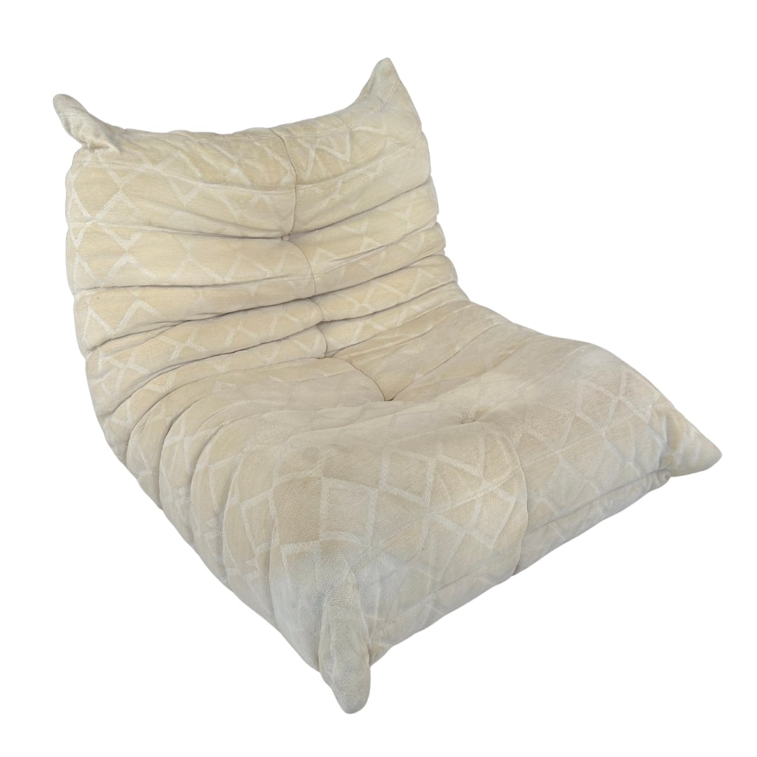 LIGNE ROSET TOGO CHAIR: Dimensions: H 29” x W 32” x SD 22.5” x SH 14.5”. Togo lounge chair by Michel Ducaroy for Ligne Roset, with original beige upholstery. No tags visible, provenance Swiss estate