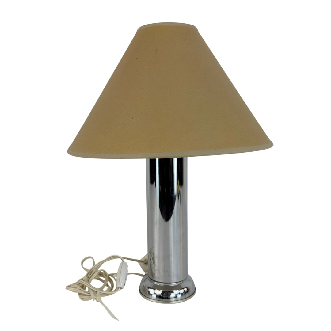 VINTAGE TABLE LAMP: Dimensions: H 19” x W 4”. Vintage chrome table lamp with beige fabric lampshade.