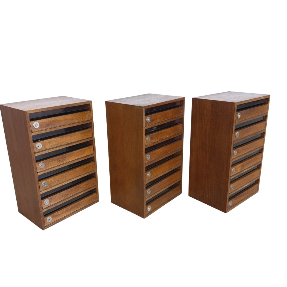 (3) VINTAGE FRENCH MAILBOXES: Dimensions: H 23.7” x W 14.3” x D 10.3”. Set of 3 Vintage wooden postboxes, each one with 6 boxes. ROLEX factory, Geneva.