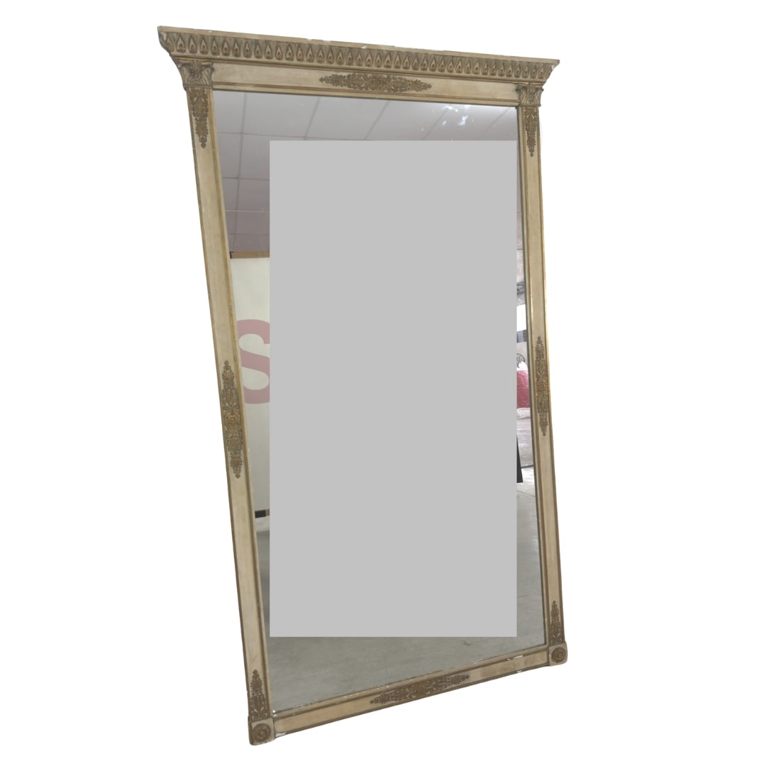 LARGE ANTIQUE FRENCH MIRROR: Dimensions: H 79” x W 42”. French antique large ornate gilded wood wall mirror.