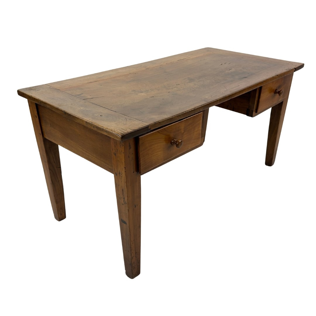 ANTIQUE FRENCH WRITING DESK: Dimensions: H 30” x W 58.5” x D 29.5”. Antique French writing desk with two drawers.