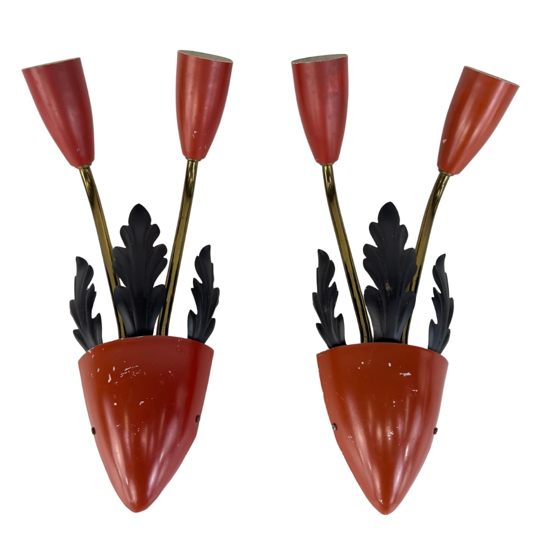 VINTAGE FRENCH SPUTNIK WALL SCONCES, A PAIR: Dimensions: H 14” x W 7.5”. Pair of Vintage French Sputnik brass wall sconces with metal red and black lacquered shades.