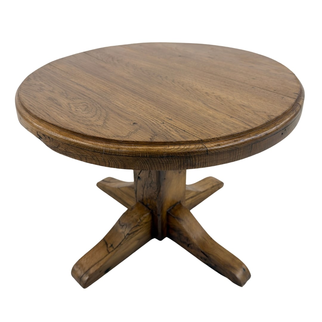 BRUTALIST ROUND COFFEE TABLE: Dimensions: H 16” x W 20.5”. Vintage brutalist round coffee or side pedestal table.
