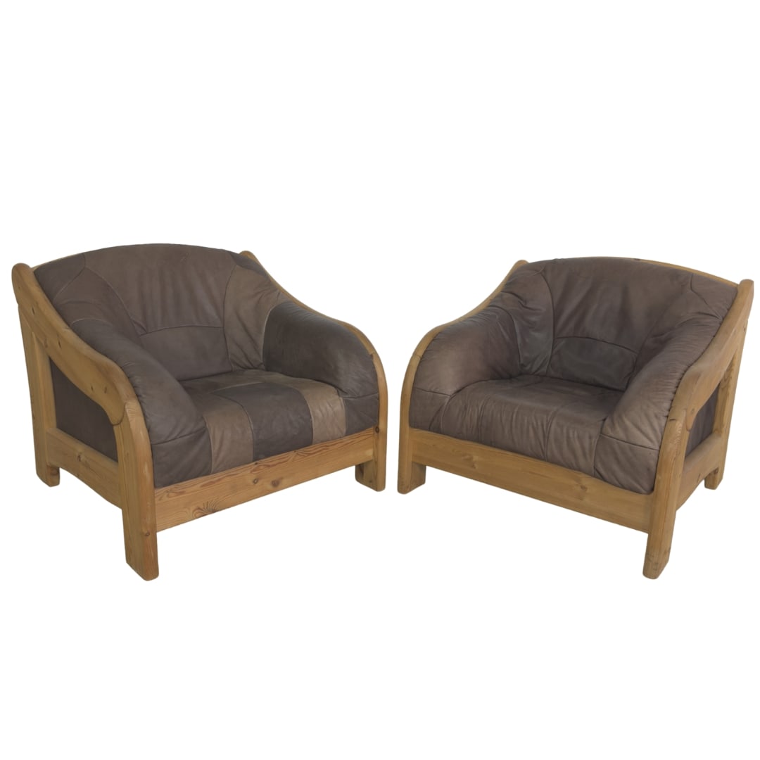 SCANDINAVIAN PINE LEATHER ARMCHAIRS, A PAIR: Dimensions: H 30.3” x W 34.3” x D 35” x SH 16”. Pair of Vintage Scandinavian pine armchairs in original brown patchwork leather.
