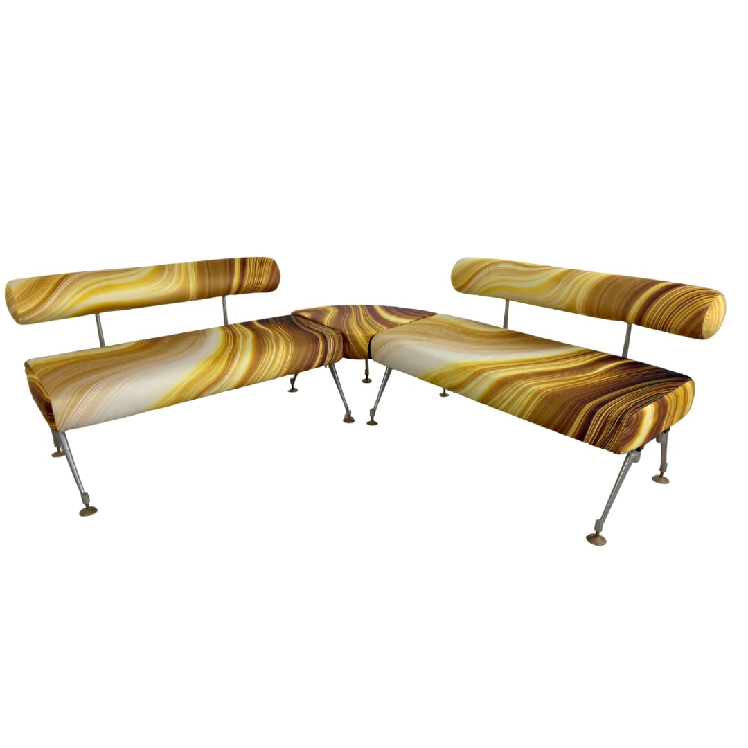 LOUNGE BENCH BY LUIGI CARUSO: Dimensions: H 28” x W 70” x D 27” x SH 18”. Vintage designer lounge bench, upholstered in custom fabric, design by Luigu Caruso, Milano. Dimensions: W (each bench) 70".