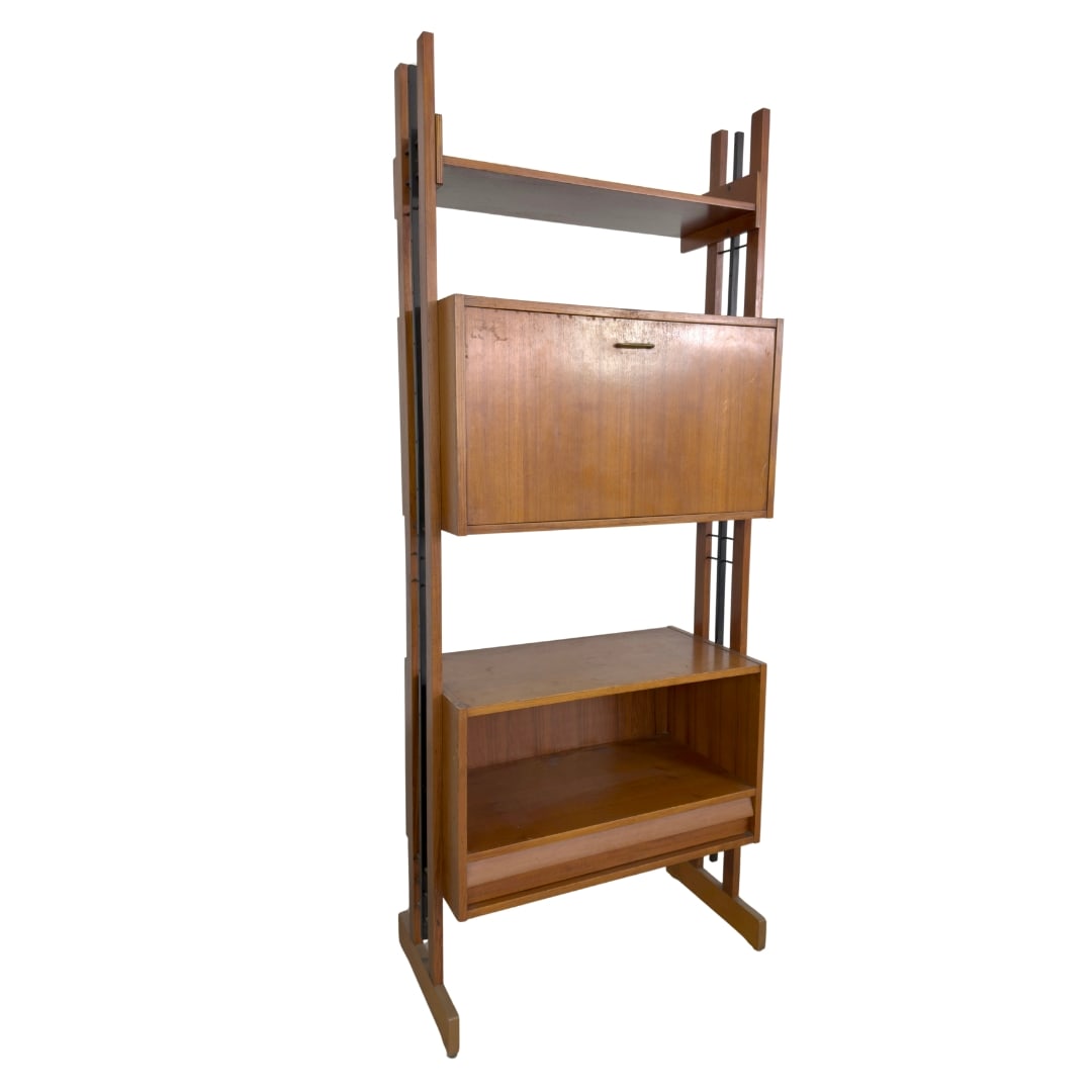 MODULAR BOOKCASE ATTR. TO FRANCO ALBINI: Dimensions: H 80.5” x W 32.5” x D 15.7”. Vintage modular bookcase attr. to Franco Albini with four shelves and a secretaire desk.