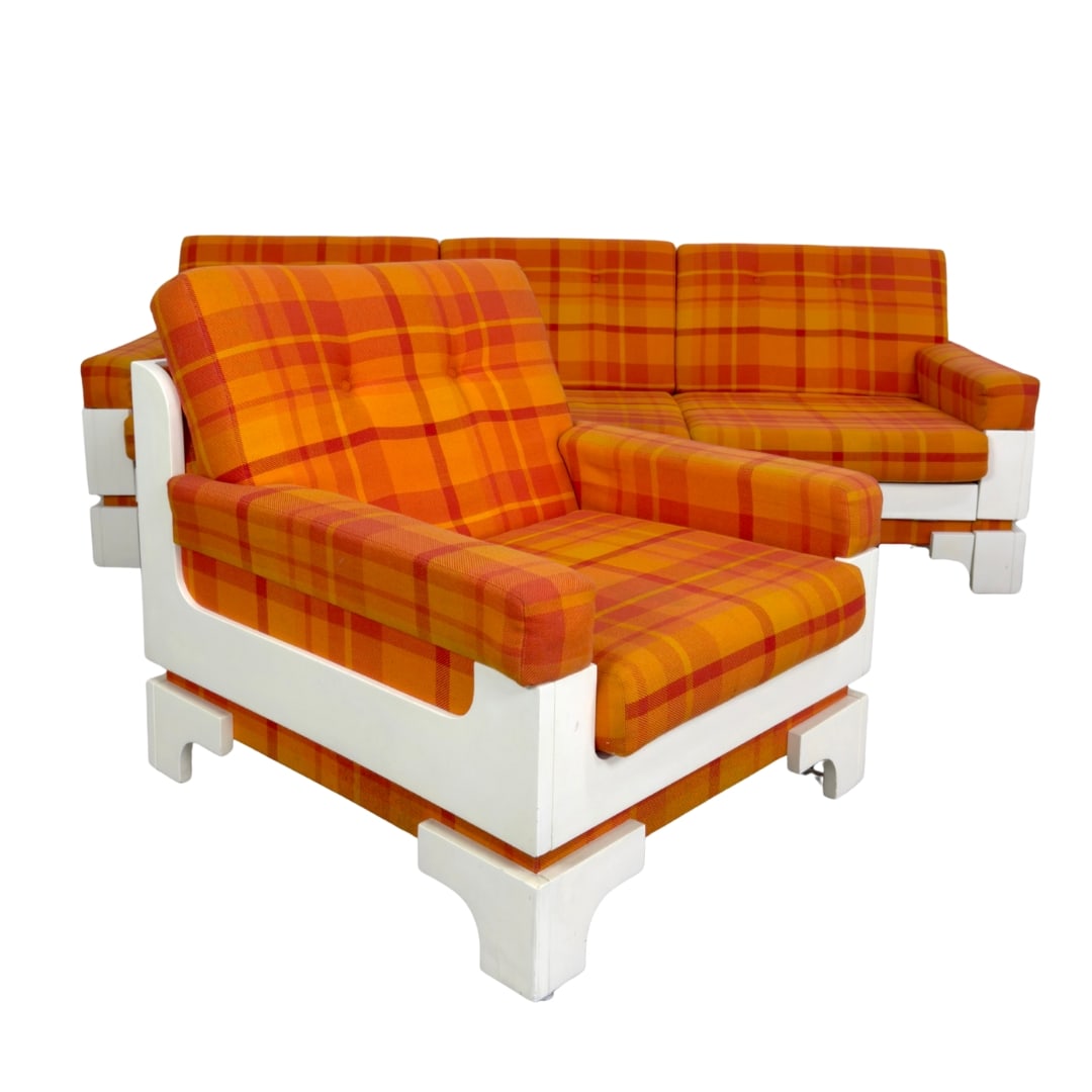 DANISH THREE SEAT SOFA WITH ARMCHAIR: Dimensions: H 29” x W 83.5” x D 33.5” x SH 15.7”. Vintage rare Danish three-seater sofa with armchair painted in white, with original orange fabric cushions. Dimensions: