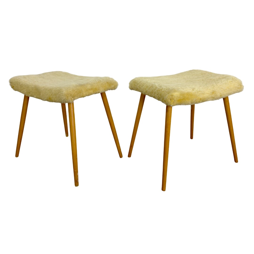 VINTAGE SWEDISH STOOLS, A PAIR: Dimensions: H 18” x W 18” x D 13.7”. Pair of Vintage Swedish stools with light beige plush seats.