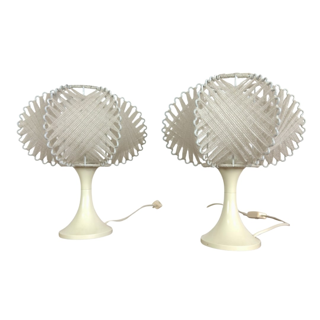 VINTAGE SCANDINAVIAN YARN TABLE LAMPS, A PAIR: Dimensions: H 11.8" x W 9.8". Pair of Vintage white table lamps with braided yarn lampshades.