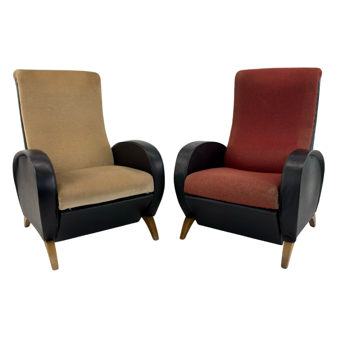 RECLINING ARMCHAIRS ATTR. TO MARCO ZANUSO, A PAIR: Dimensions: H 41” x W 28” x D 33” x SH 17.5”. Pair of Vintage Reclining armchairs attr. to Marco Zanuso, upholstered in original black faux leather and beige and red fabric.