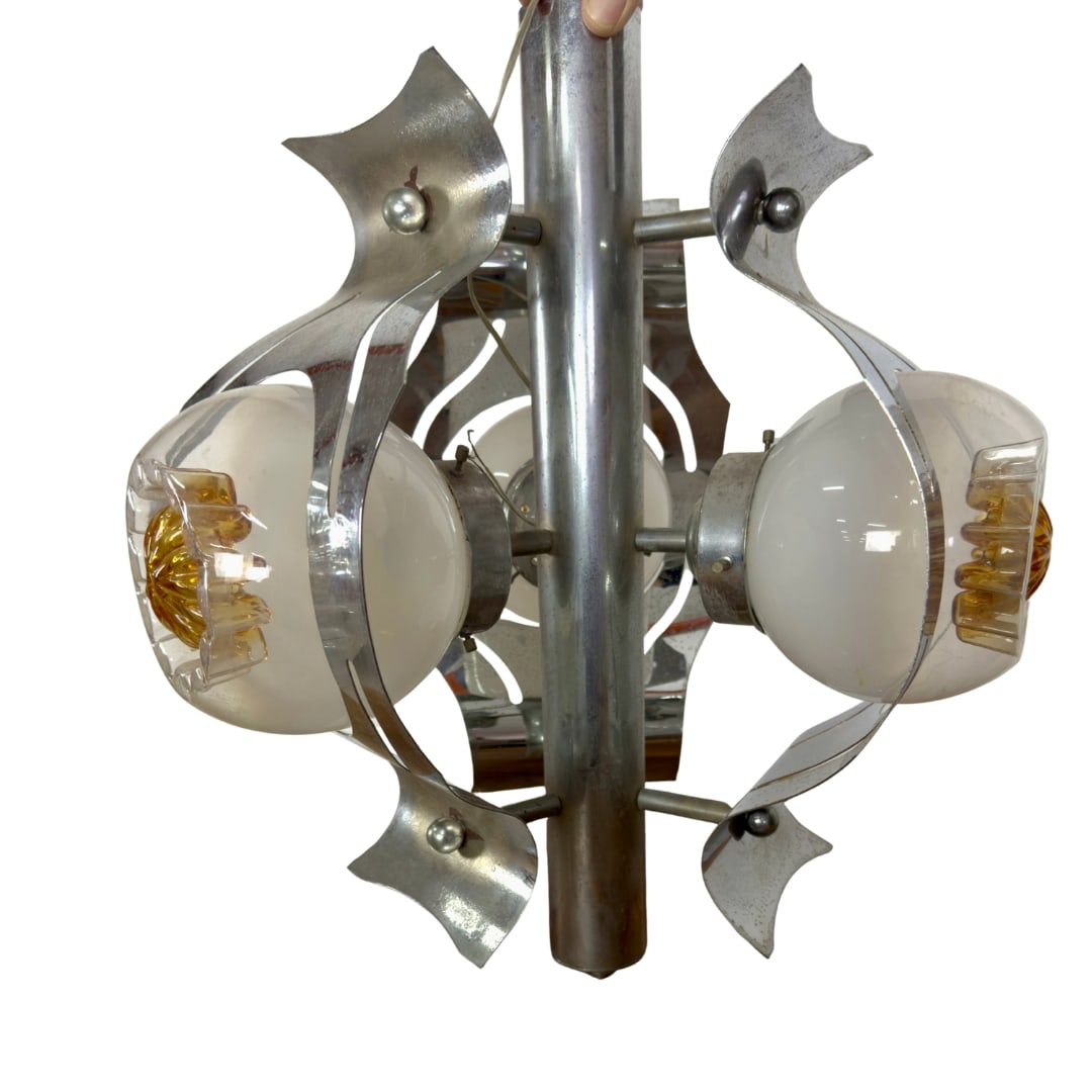SPACE AGE MAZZEGA CHANDELIER: Dimensions: H 19.6" x W 15.7". Vintage Italian Space Age Mazzega Murano glass and chrome chandelier. Dimensions apporx.