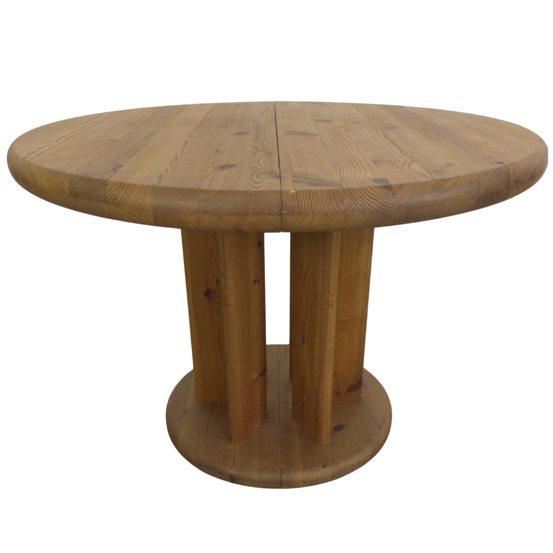 RAINER DAUMILLER ATTR EXTENDABLE DINING TABLE: Dimensions: H 29” x W 41.5". Dining table in solid pine attributed to Rainer Daumiller for Hirtshals Savvaerk, designed in the 1960s. Dimensions: W (extended) 59".
