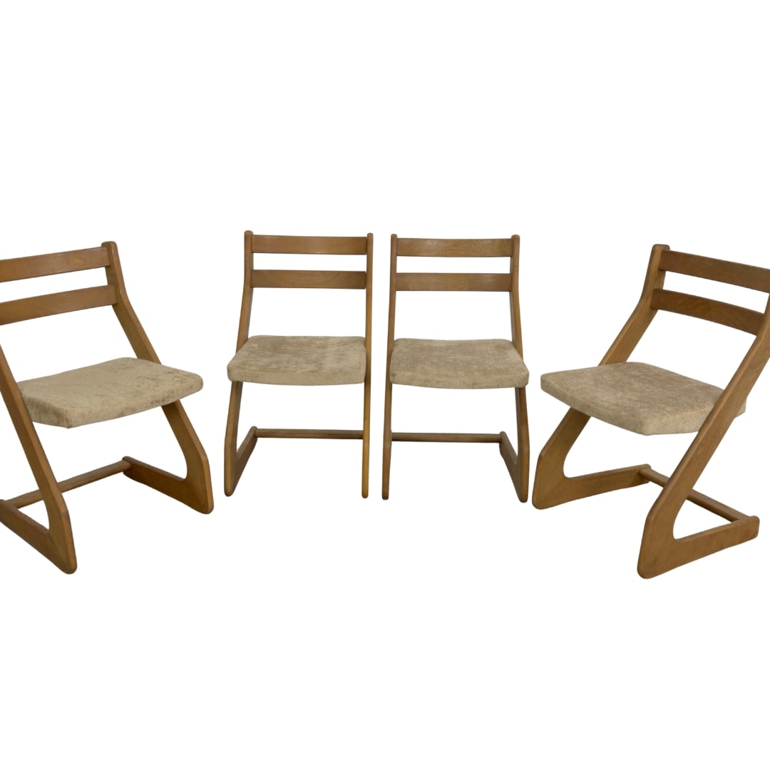 (4) DUTCH BRUTALIST DINING CHAIRS: Dimensions: H 31” x W 18” x SD 17.5” x SH 17.5”. Set of 4 Vintage dining chairs with newly upholstered seats in brown soft fabric.