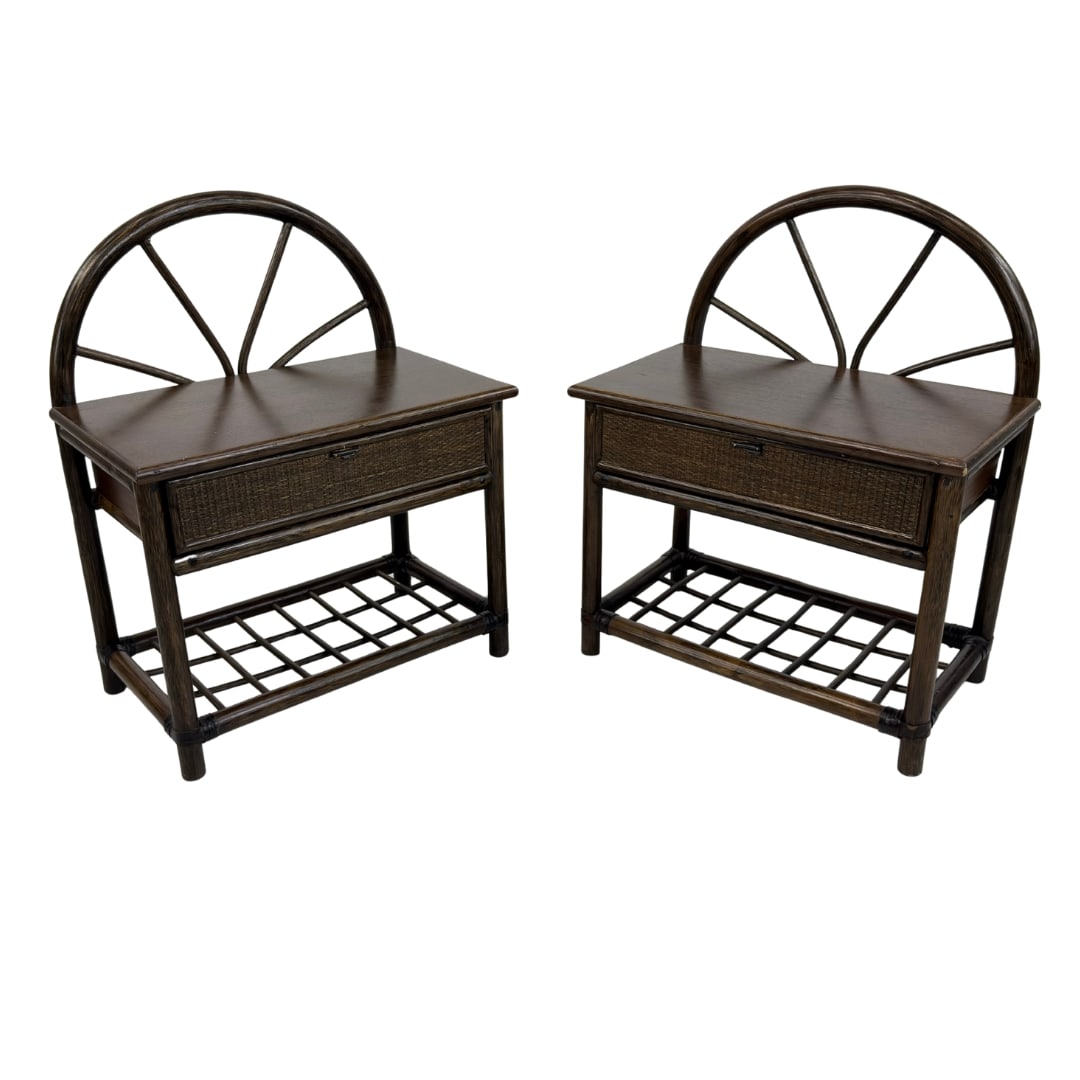 BAMBOO BEDSIDE TABLES, A PAIR: Dimensions: H 18” x W 21.7” x D 12.3”. Pair of bamboo and rattan bedside tables, each one with one drawer and one lower shelf.