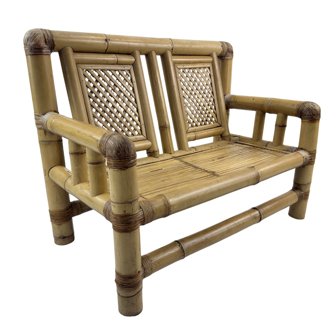 ITALIAN BAMBOO BENCH, 1970s: Dimensions: H 36” x W 45.5” x D 27” x SH 15.5”. Vintage Italian bamboo and wicker two-seater sofa-bench.