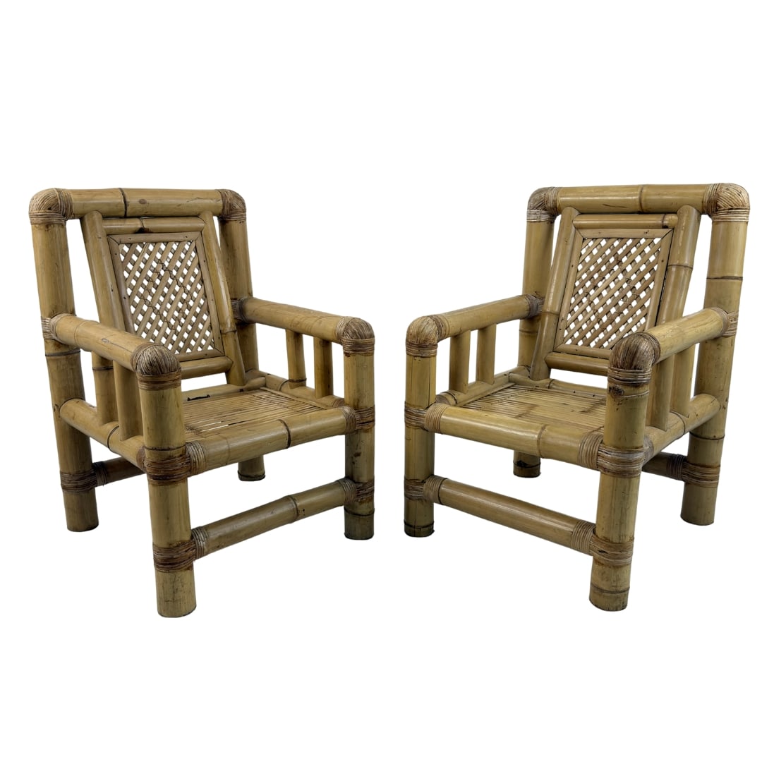 ITALIAN BAMBOO ARMCHAIRS, A PAIR: Dimensions: H 36” x W 24” x D 25.5” x SH 15”. Pair of Vintage Italian bamboo and wicker lounge armchairs, 1970s.