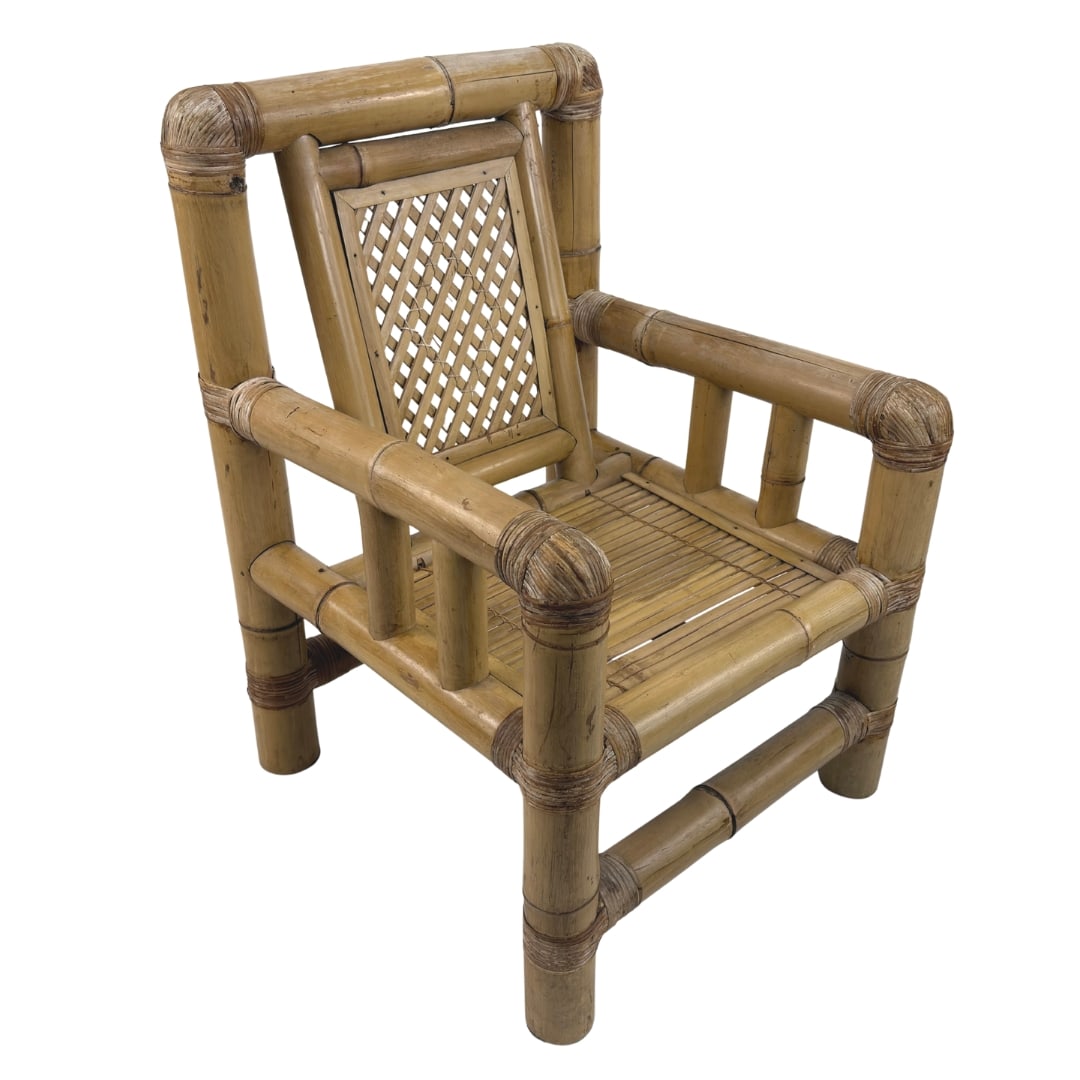 ITALIAN BAMBOO ARMCHAIR: Dimensions: H 36” x W 24” x D 25.5” x SH 15”. Vintage Italian bamboo and wicker lounge armchair from the 1970s.