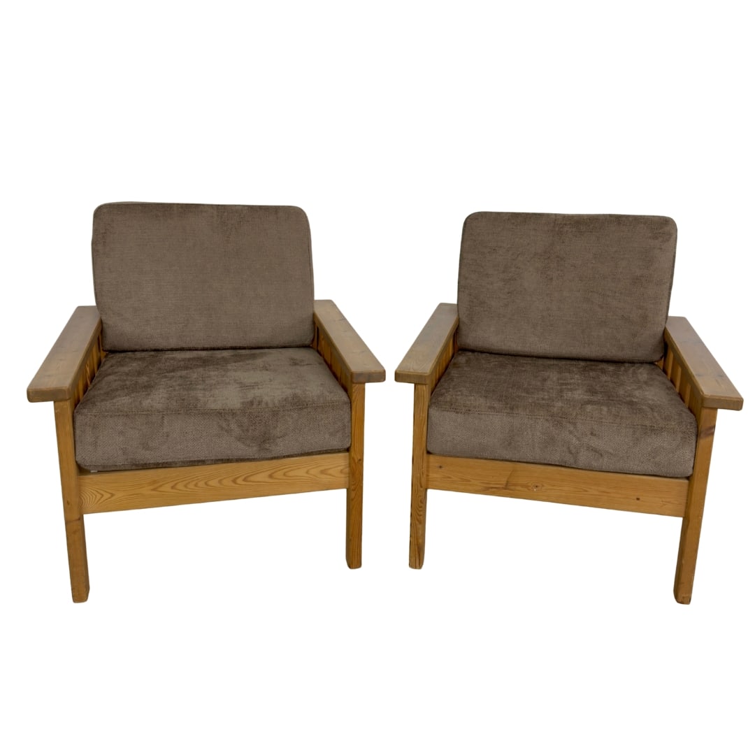 IKEA ARBOGA ARMCHAIRS, A PAIR: Dimensions: H 30.7” x W 29” x D 28.7” x SH 17.5”. Pair of Vintage Ikea Arboga pine armchairs, newly upholstered in brown soft fabric.