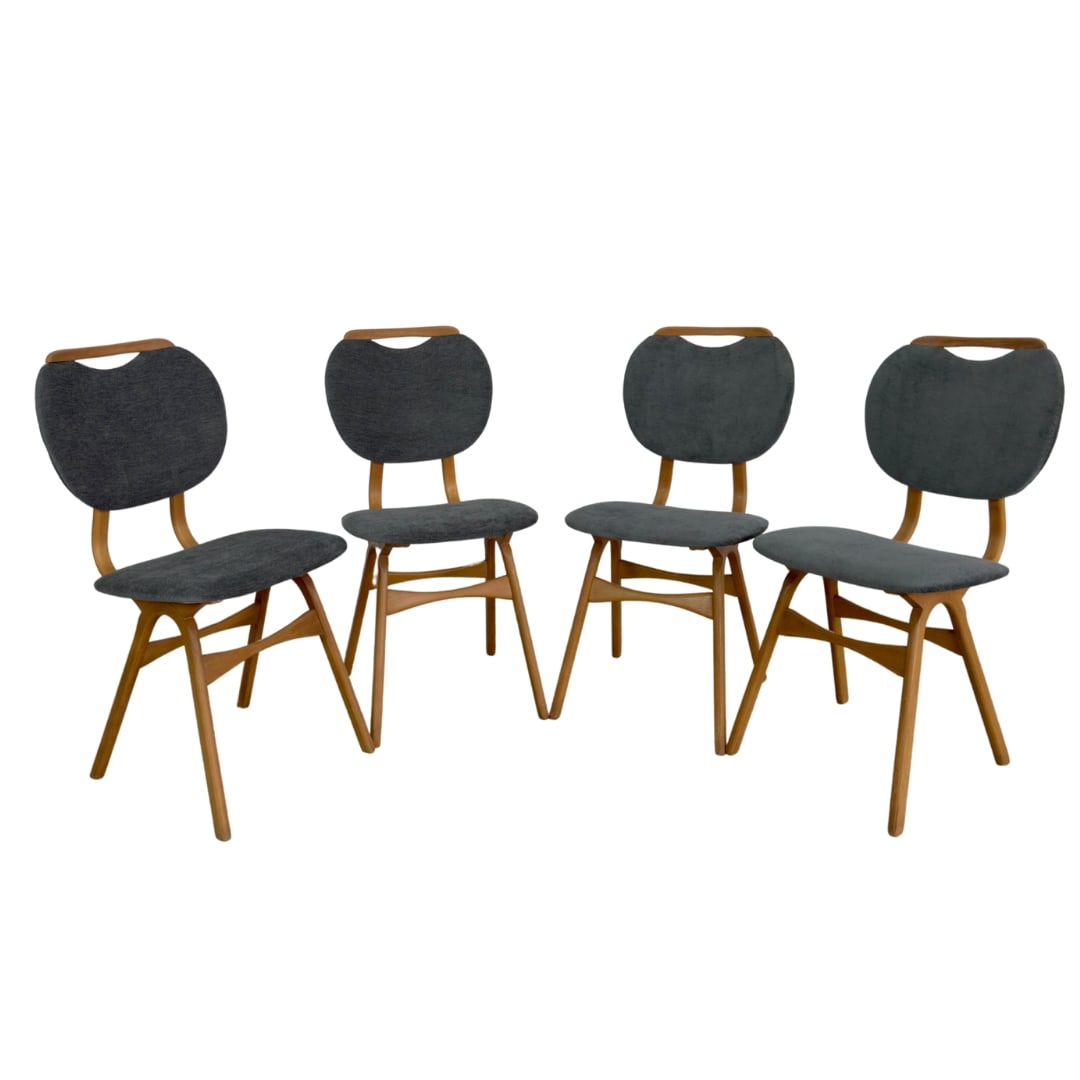 (4) DINING CHAIRS ATTR. TO LOUIS VAN TEEFFELEN: Dimensions: H 34.5” x W 18” x SD 14.7” x SH 19”. Set of 4 Dutch dining chairs attr. to Louis Van Teeffelen, newly upholstered in dark grey soft fabric.