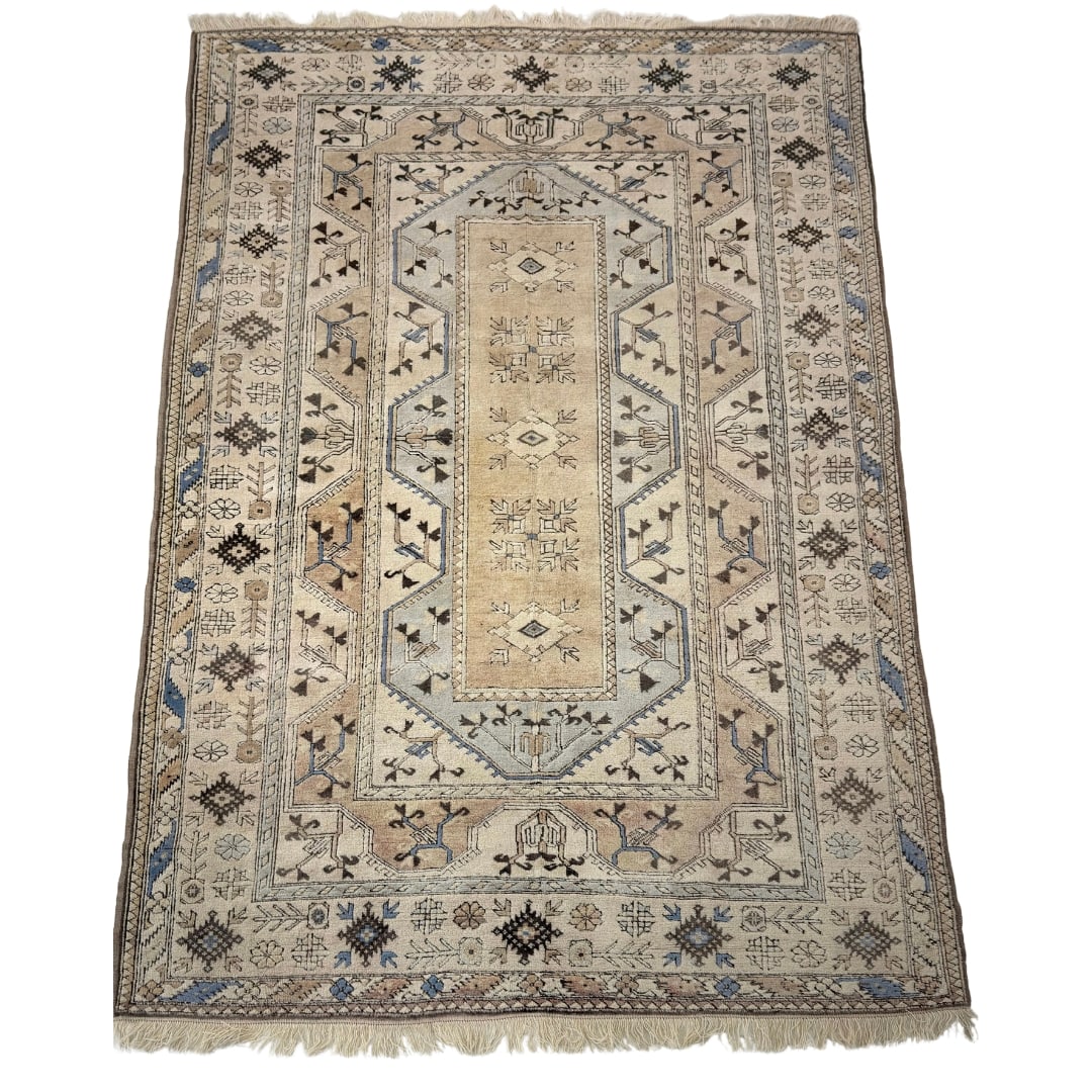 HAND-KNOTTED TURKISH MILAS RUG: Dimensions: H 122” x W 80”. Vintage Turkish hand-knotted Milas wool rug