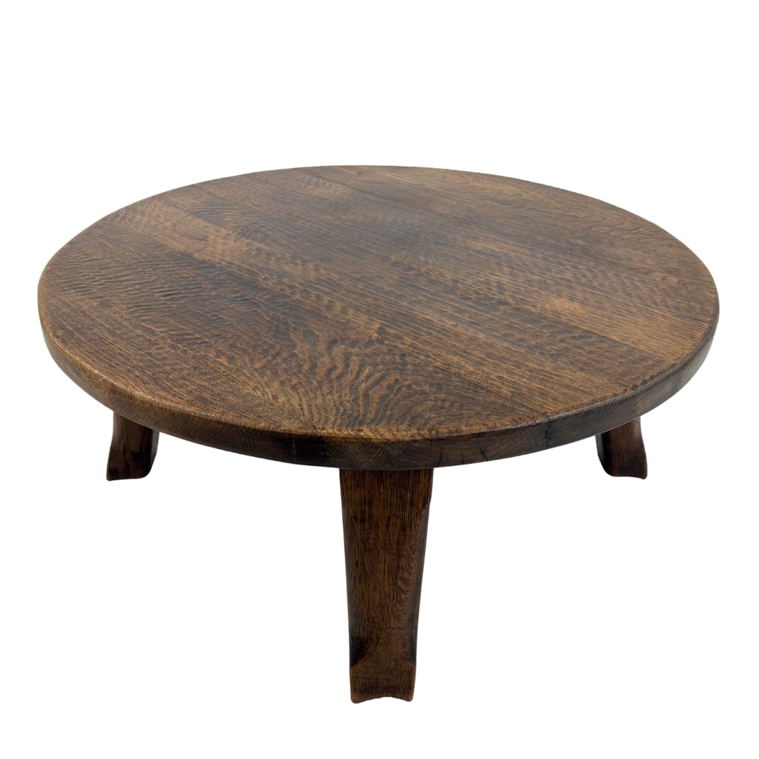 DUTCH BRUTALIST COFFEE TABLE: Dimensions: H 17.3” x W 39.5”. Vintage Dutch Brutalist round oak coffee table.