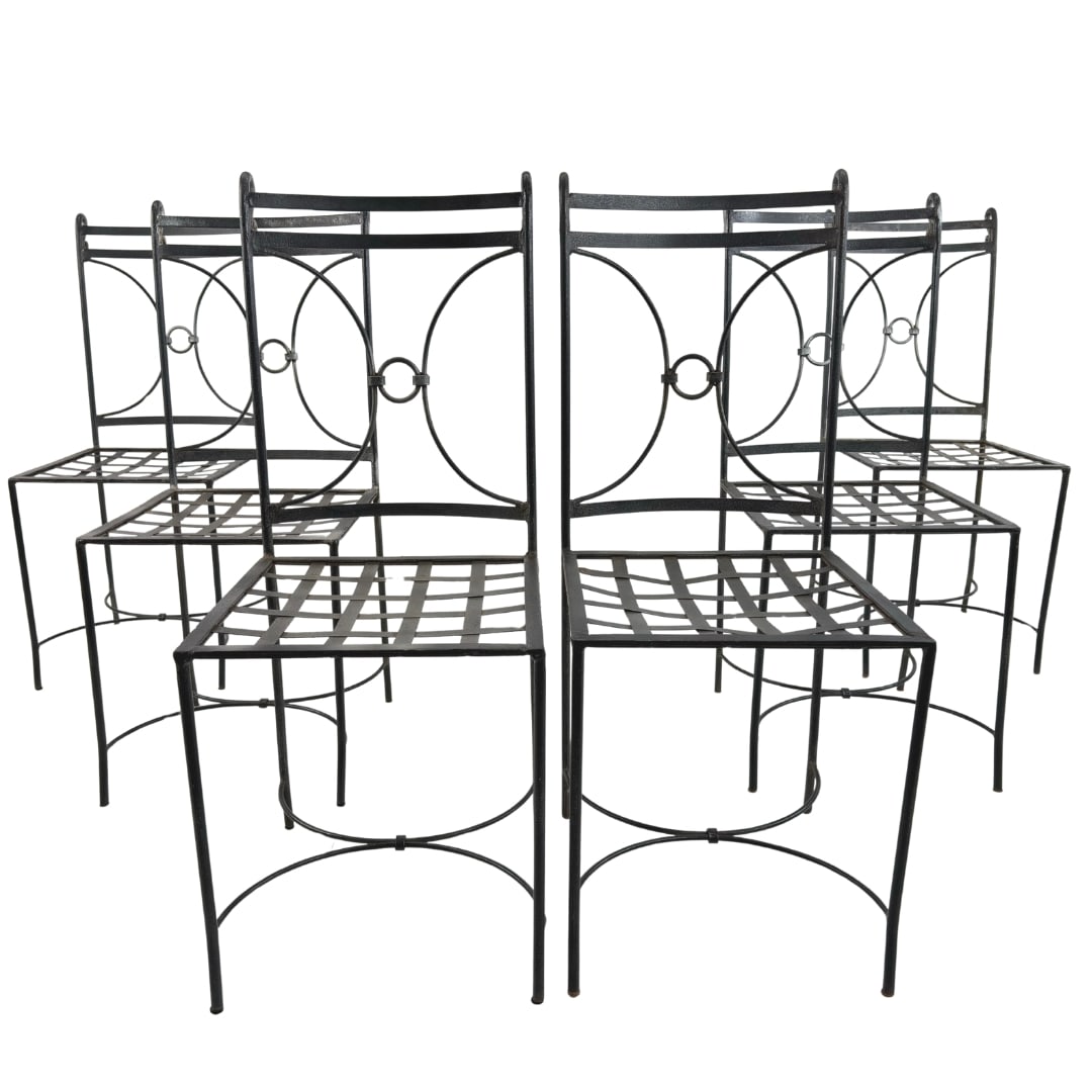 (6) SPANISH WROUGHT IRON GARDEN CHAIRS: Dimensions: H 38.5” x W 16” x D 19.5” x SH 17.7”. Set of 6 Vintage Spanish wrought iron garden chairs.