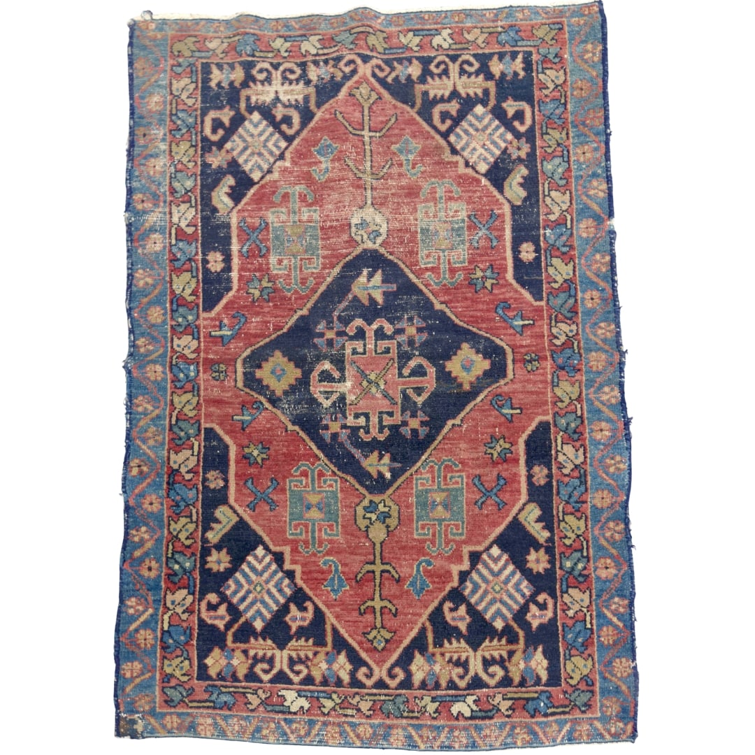 HAND-KNOTTED PERSIAN MALAYER RUG: Dimensions: H 5’ x W 3’4”. Antique Persian Malayer rug with blue field and geometric design