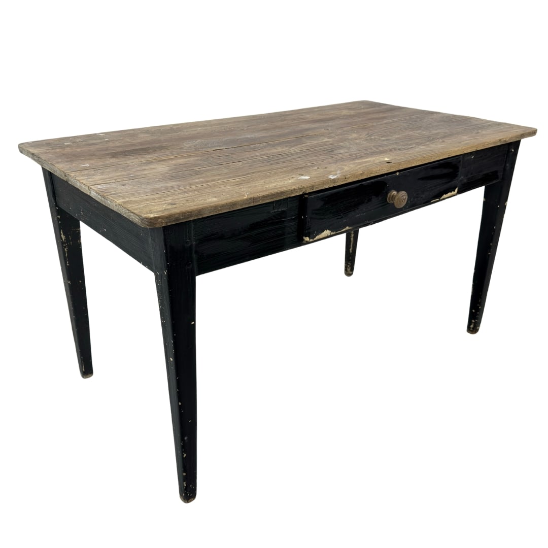FRENCH FARMHOUSE DINING TABLE: Dimensions: H 30.3” x W 53.5” x D 29.7”. Vintage French Farmhouse dining or kitchen table with one central drawer.