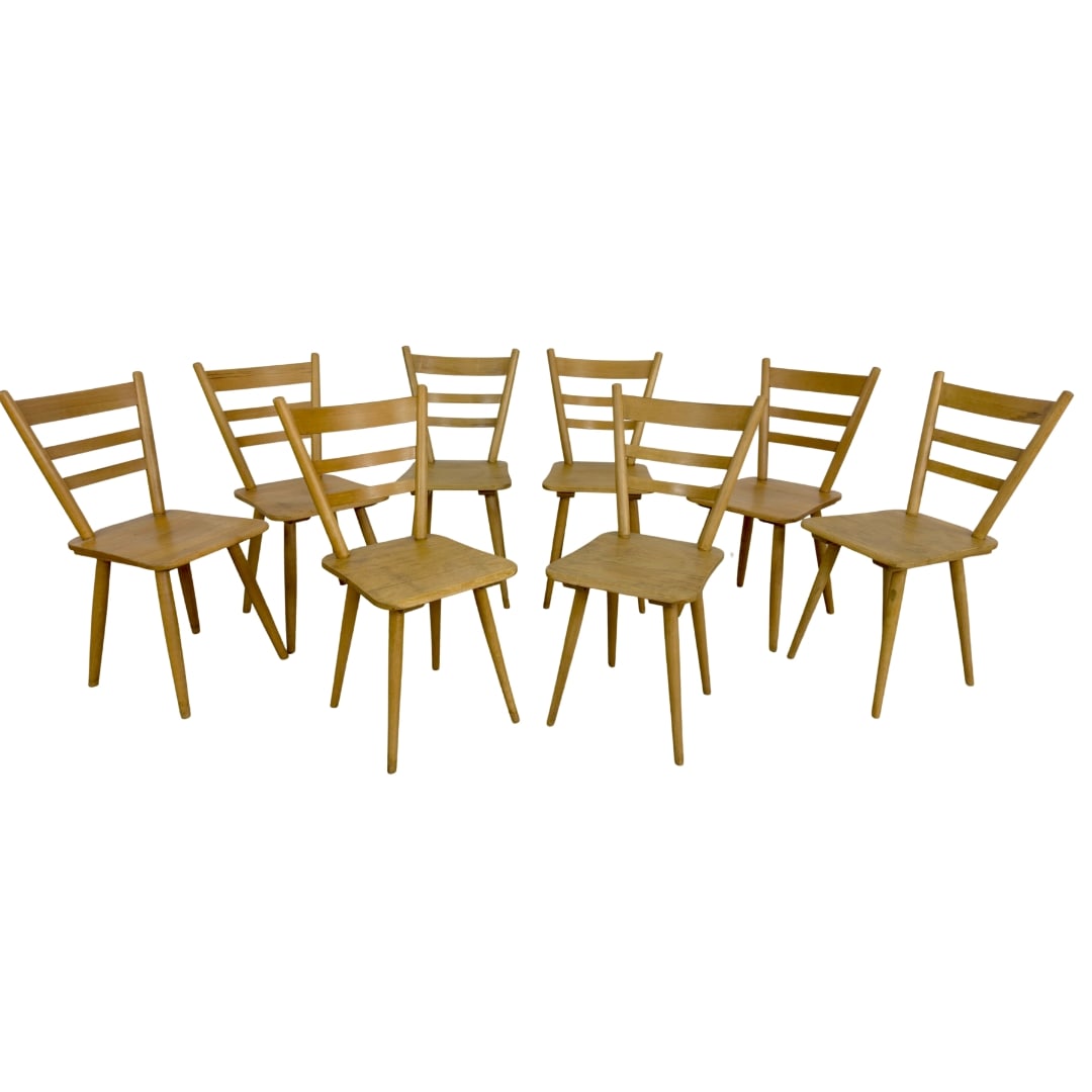 (8) GERMAN BISTRO CHAIRS: Dimensions: H 33” x W 15.7” x SD 16.7” x SH 18.7”. Set of 8 Vintage ladder back German Bistro dining chairs with tapered legs. Marked.