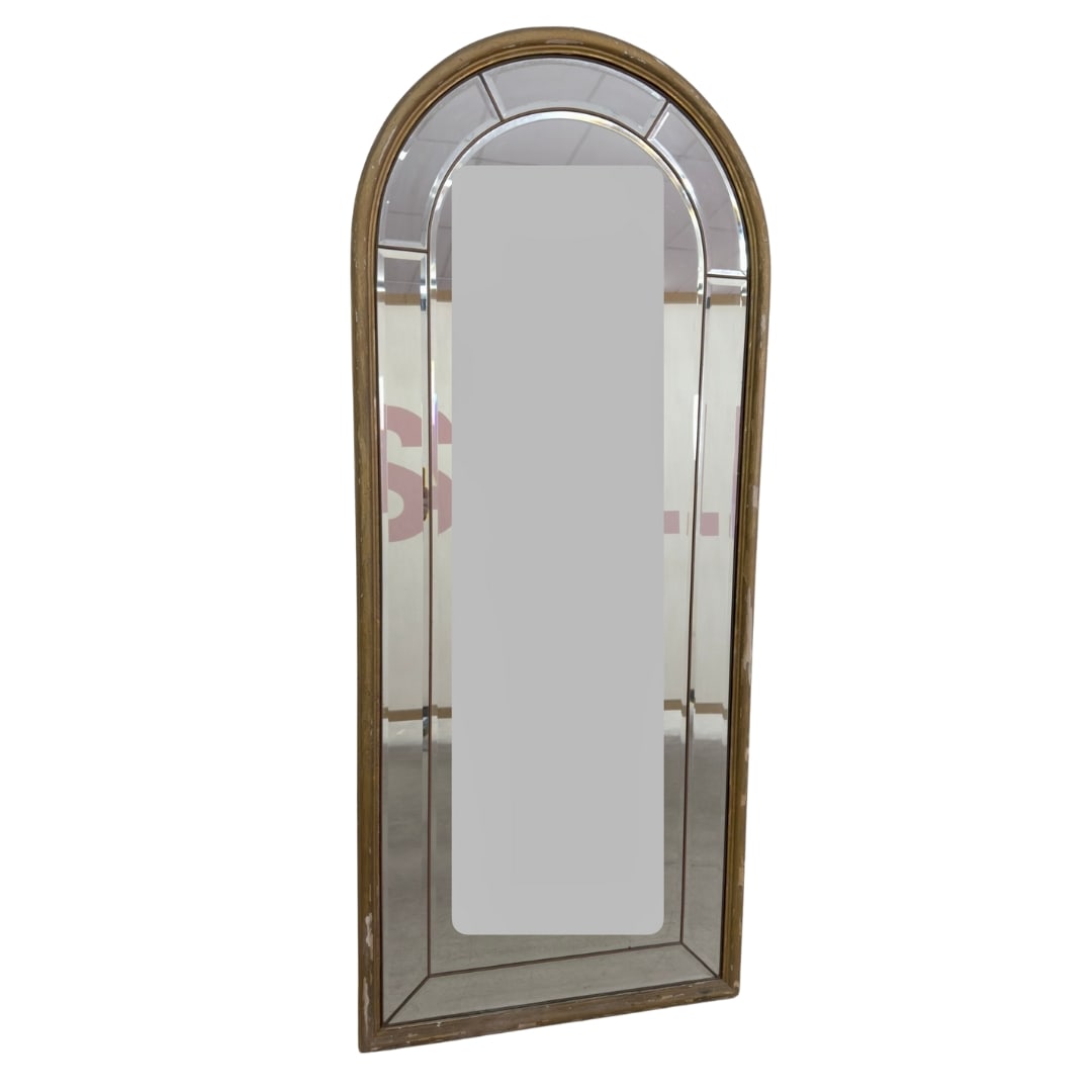 ARCHED BEVELED WALL MIRROR: Dimensions: H 70.7” x W 29.5”. Vintage large arched beveled wall mirror.
