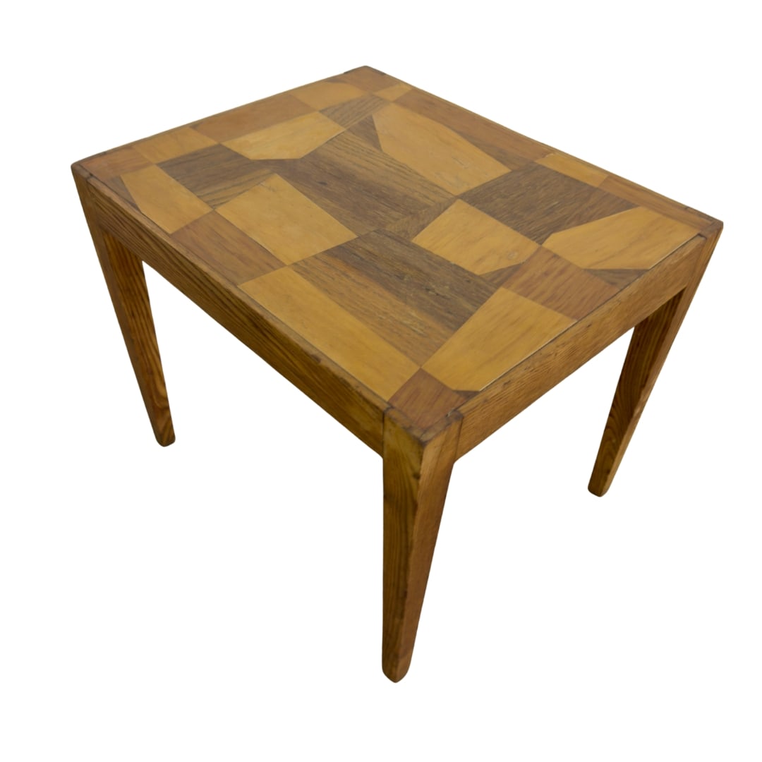 VINTAGE MOSAIC SIDE TABLE: Dimensions: H 17.5” x W 21.3” x D 17.3”. Vintage side or coffee table with mosaic geometric inlaid top.