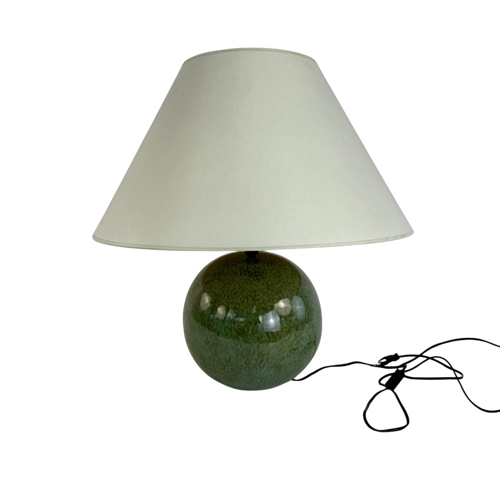 VINTAGE CERAMIC TABLE LAMP, 1980s: Dimensions: H 24.5” x W 10”. Vintage green glazed ceramic table lamp, possibly IKEA.