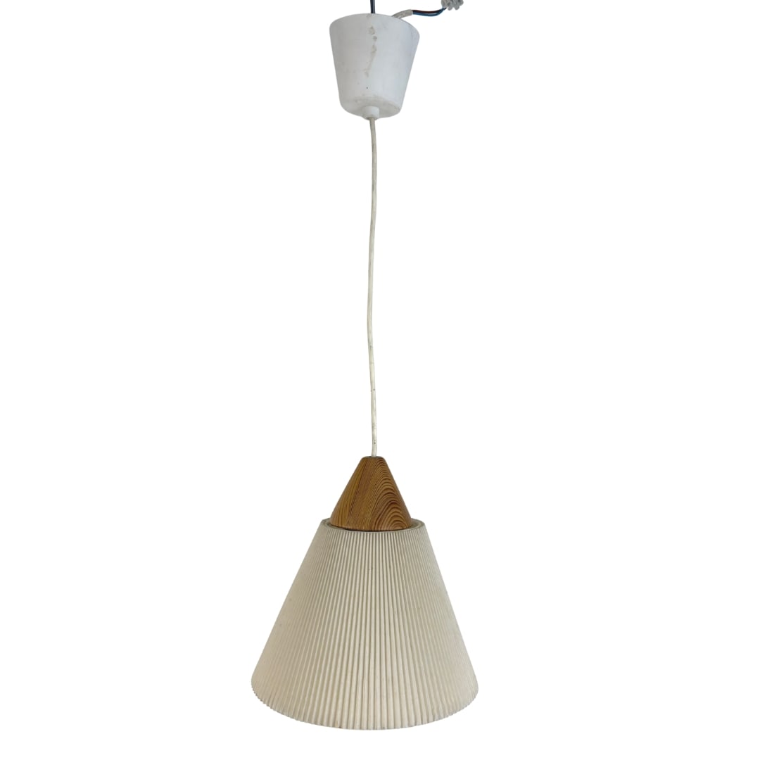 VINTAGE SCANDINAVIAN PENDANT LIGHT: Dimensions: H 9” x W 9”. Vintage Scandinavian pendant light with light beige pleated lampshade.