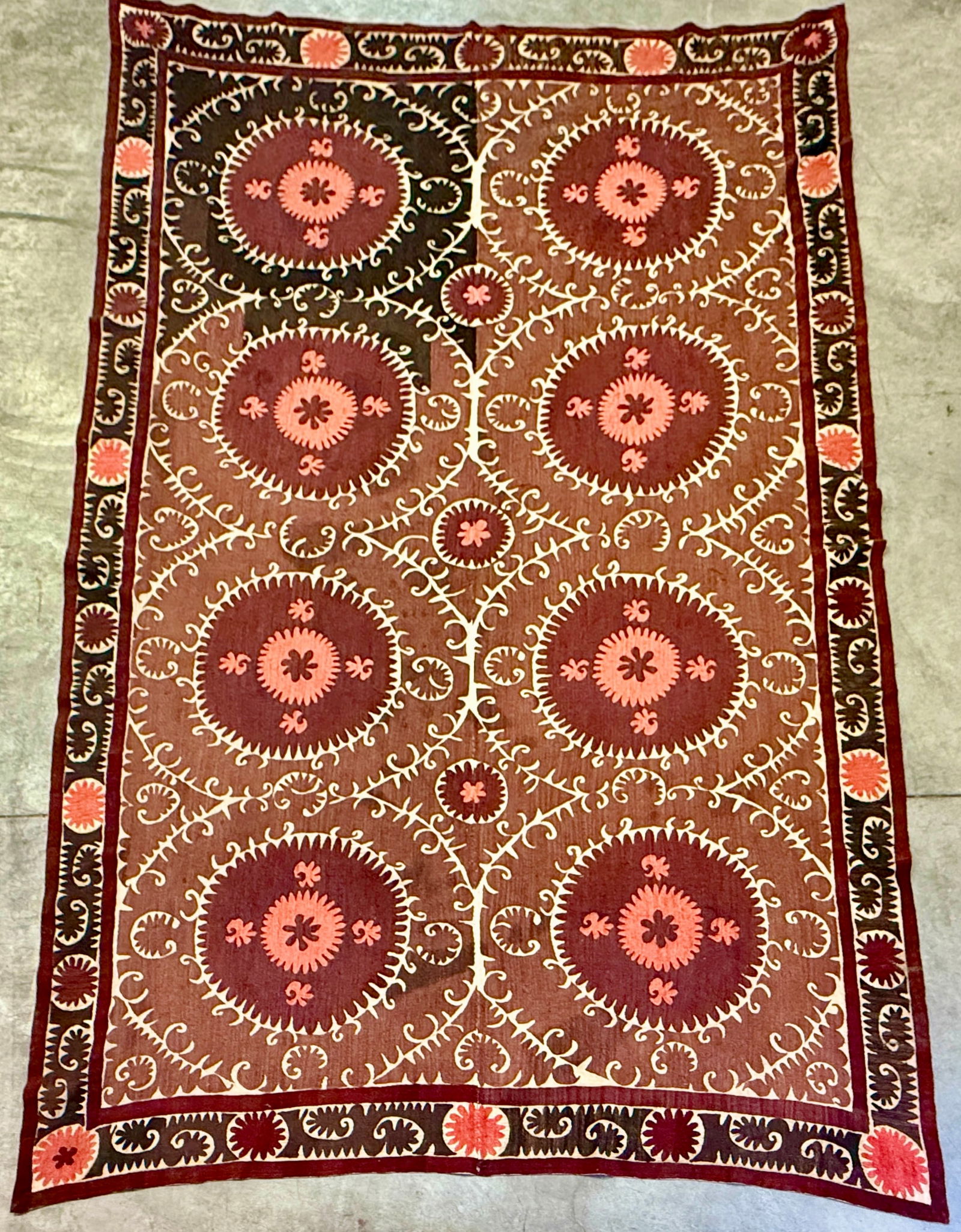 LARGE VINTAGE SUZANIE TAPESTRY: Dimensions: H 11'3" x W 7'6". Vintage silk and cotton Usbek Suzanie tapestry.