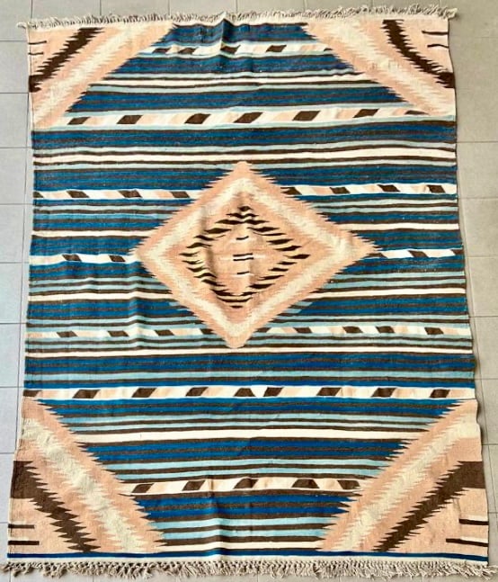 TRIBAL TURKISH FLATWEAVE KILIM RUG: Dimensions: H 9' x W 5'10". Blue and white oriental kilim rug.